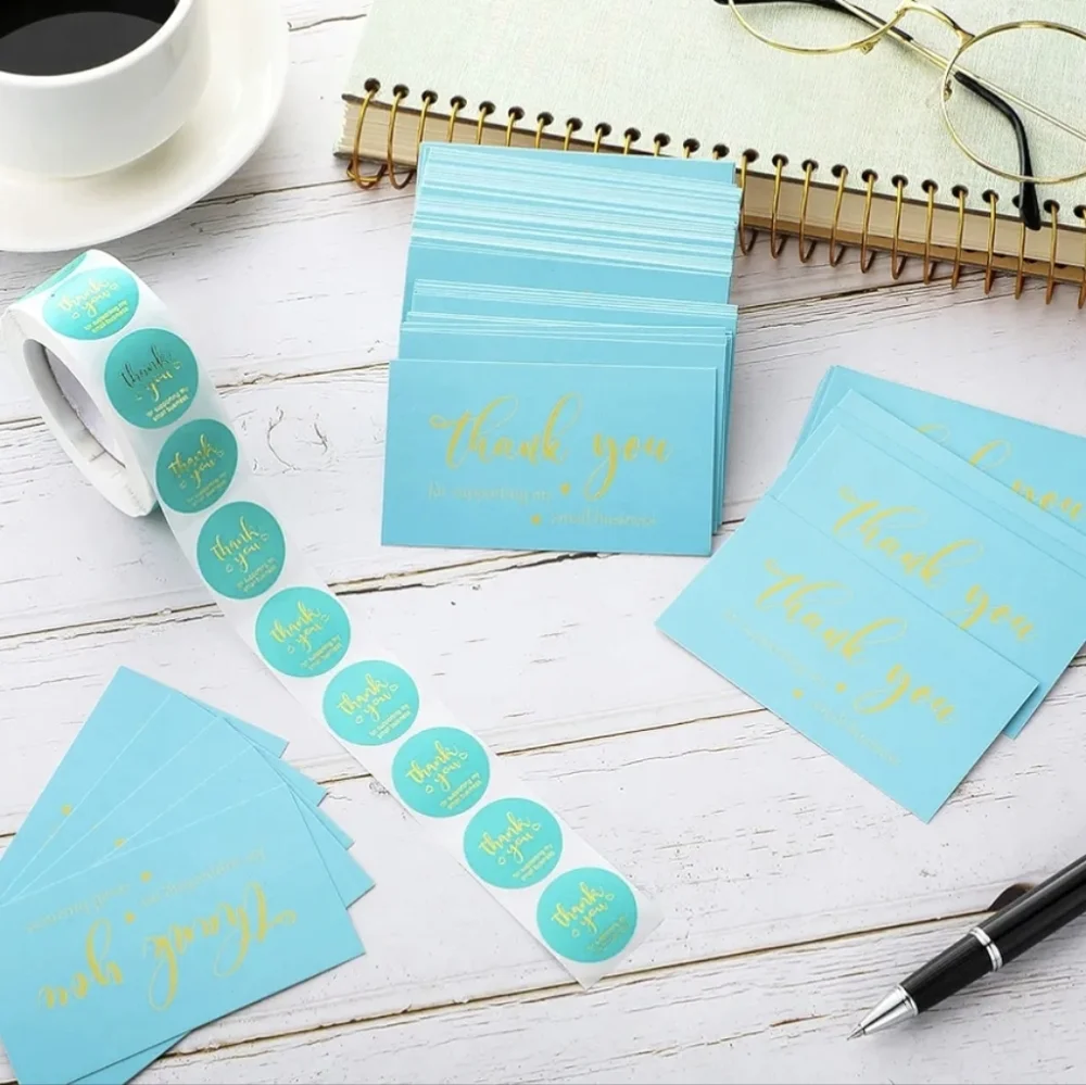 Thank You Cards and Stickers Set - Teal and Gold